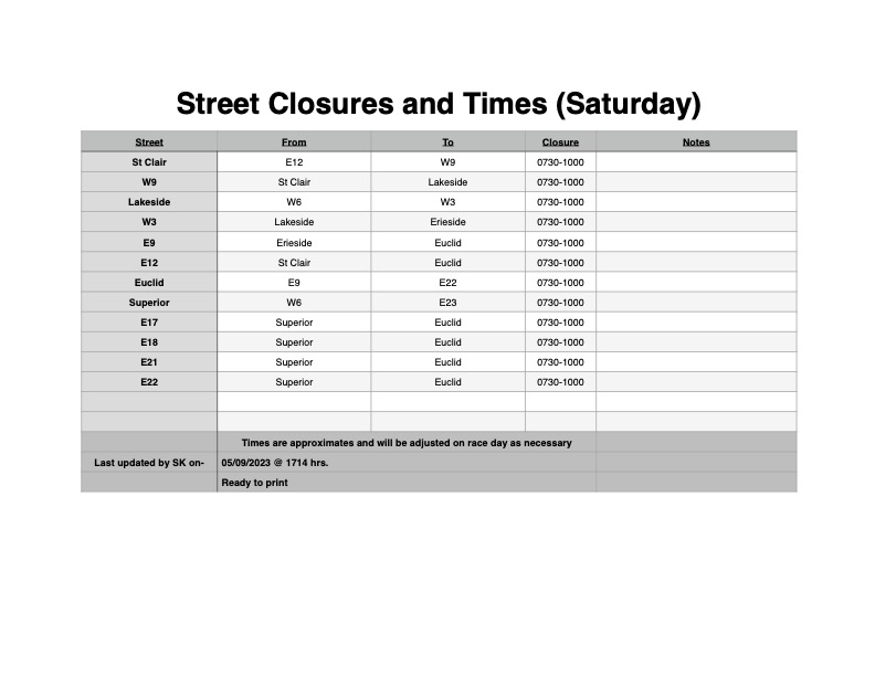 Saturday Road Closures